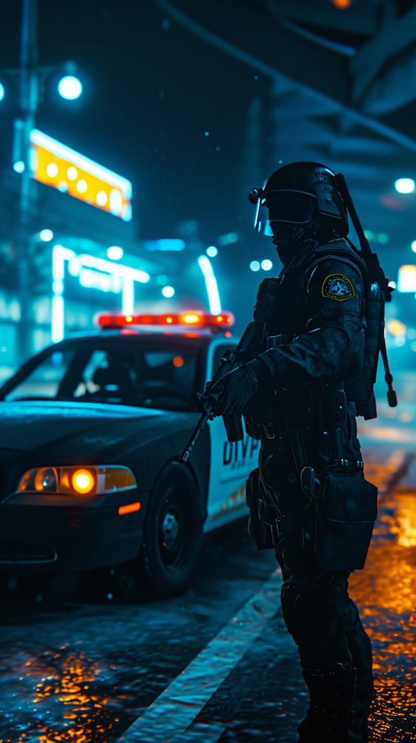 Lithuanian police officer with rifle near police car