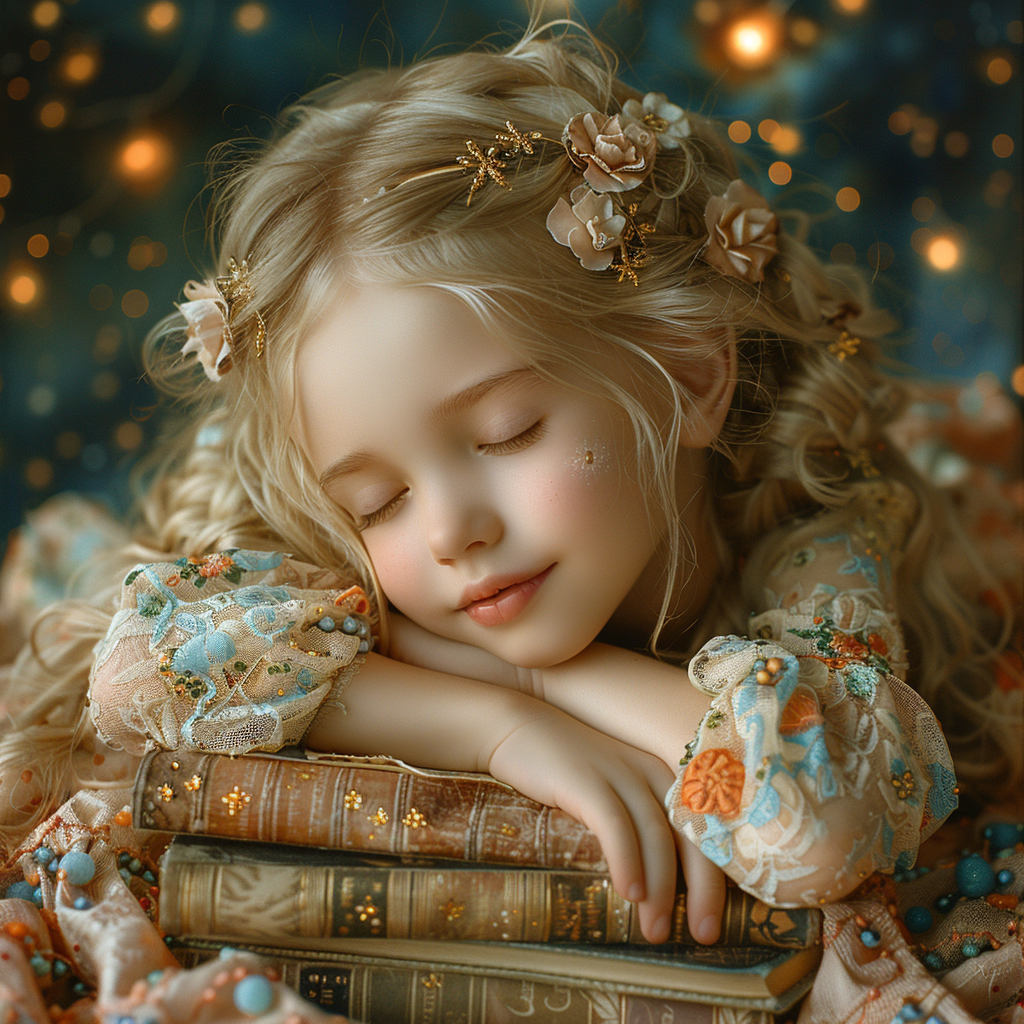 Blonde girl among enchanted books