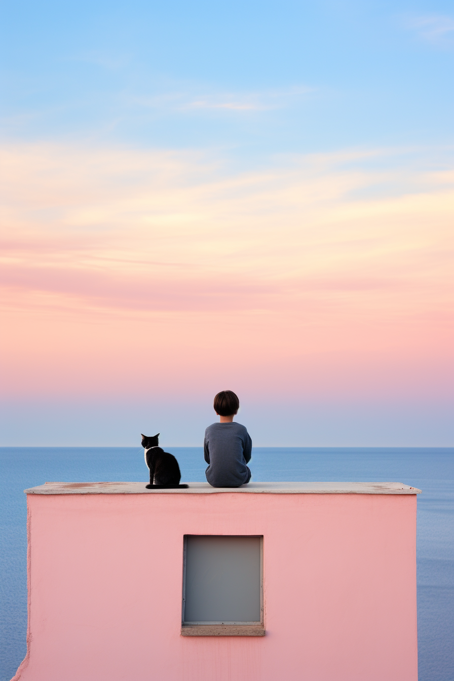 Little boy and cat admiring the sea