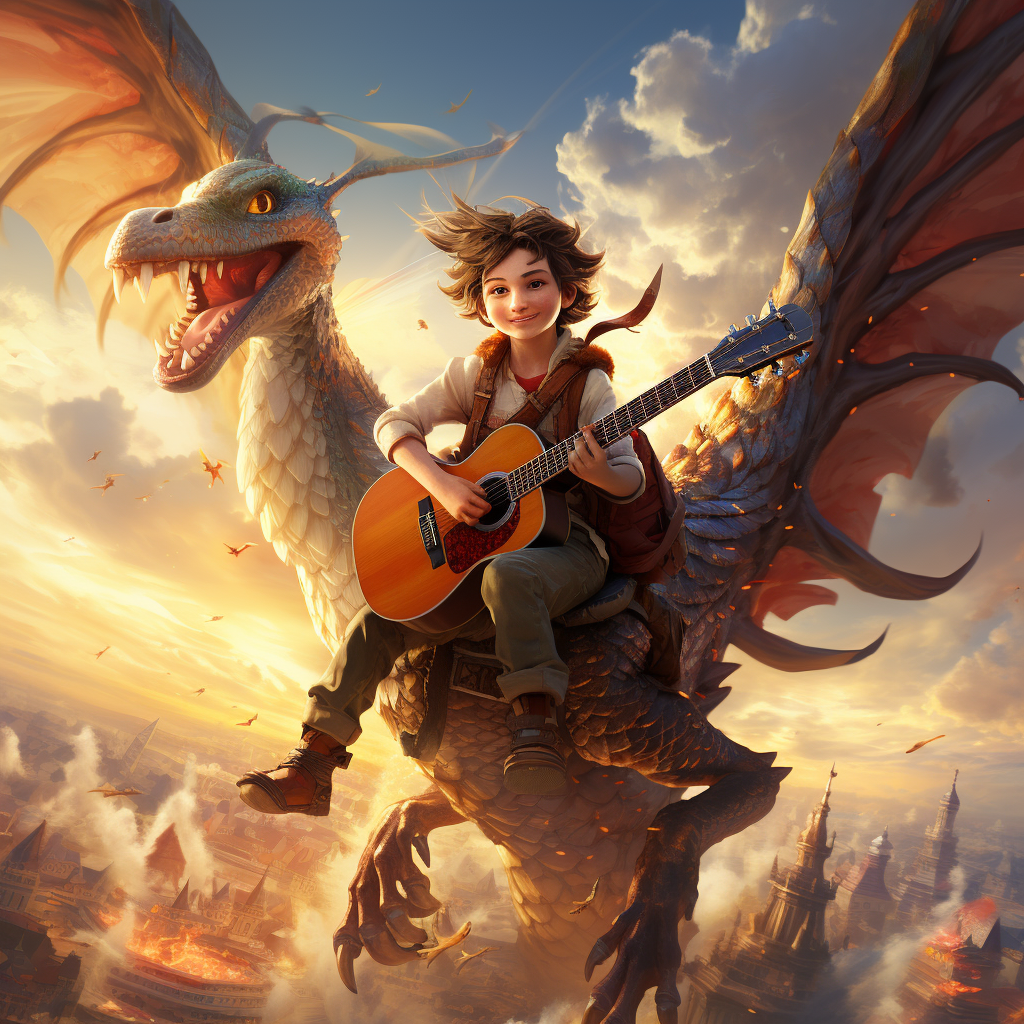 Young boy playing guitar on giant redkite