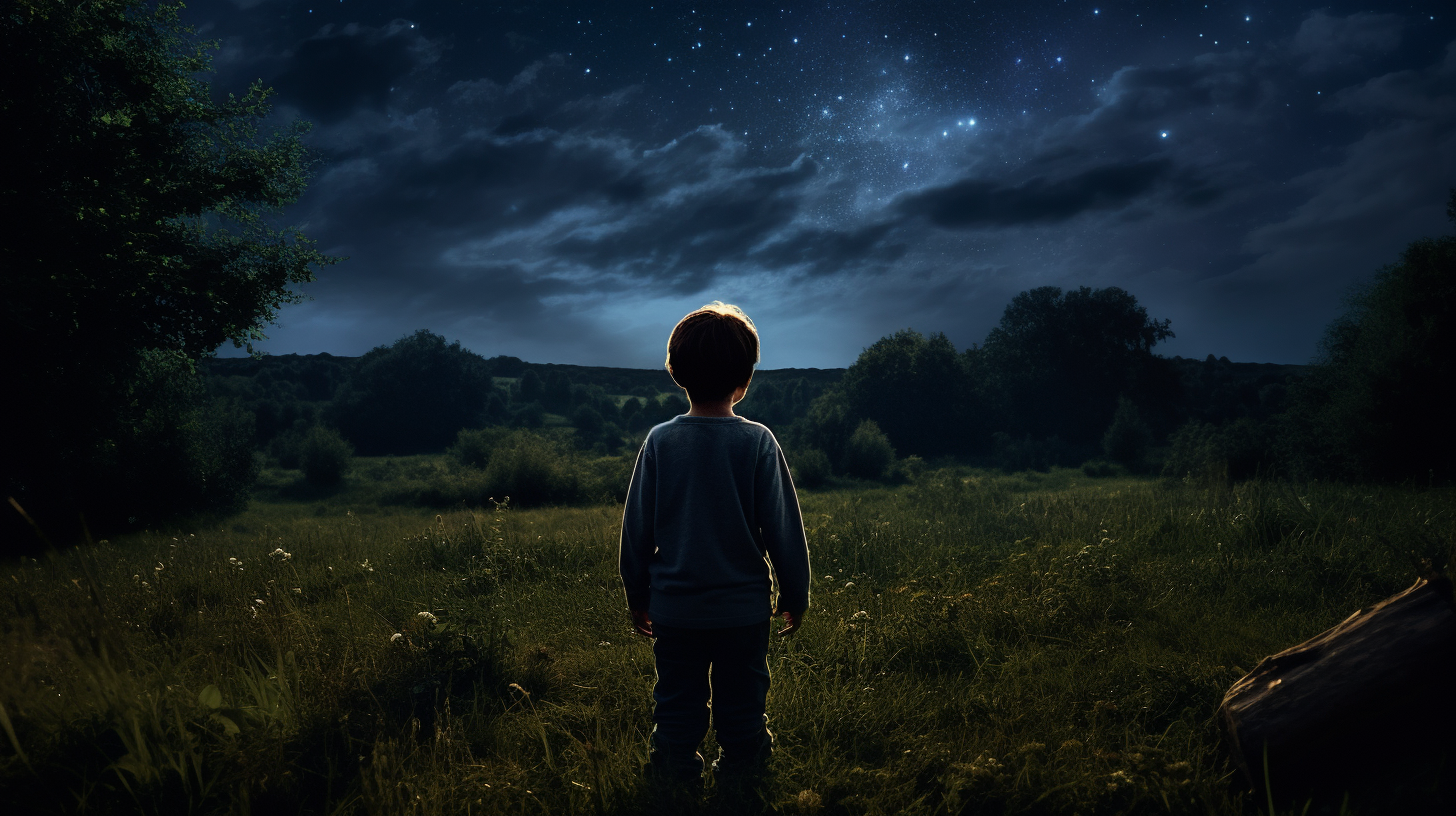 Little boy in meadow at night