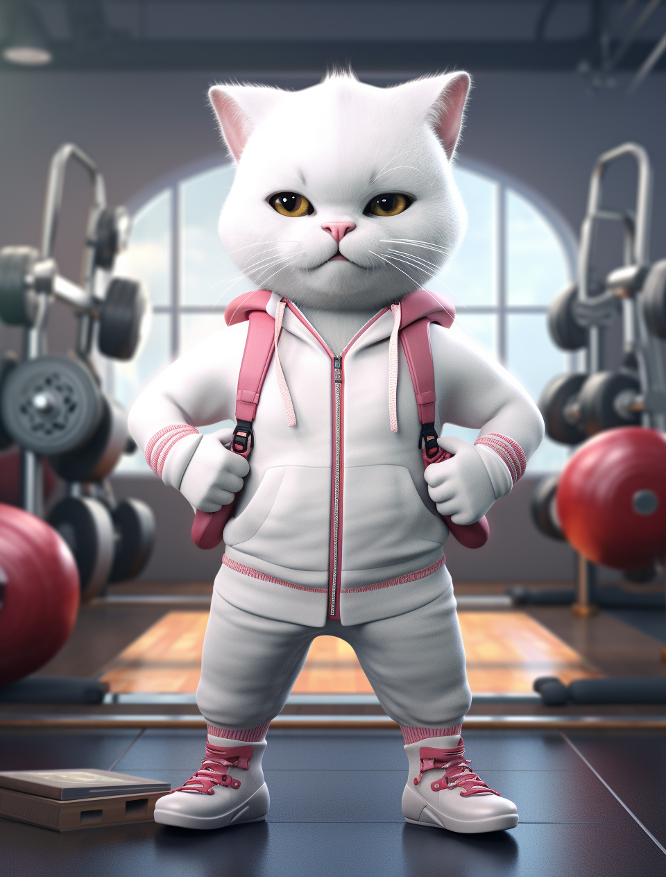 Little cat in tracksuit lifting weights