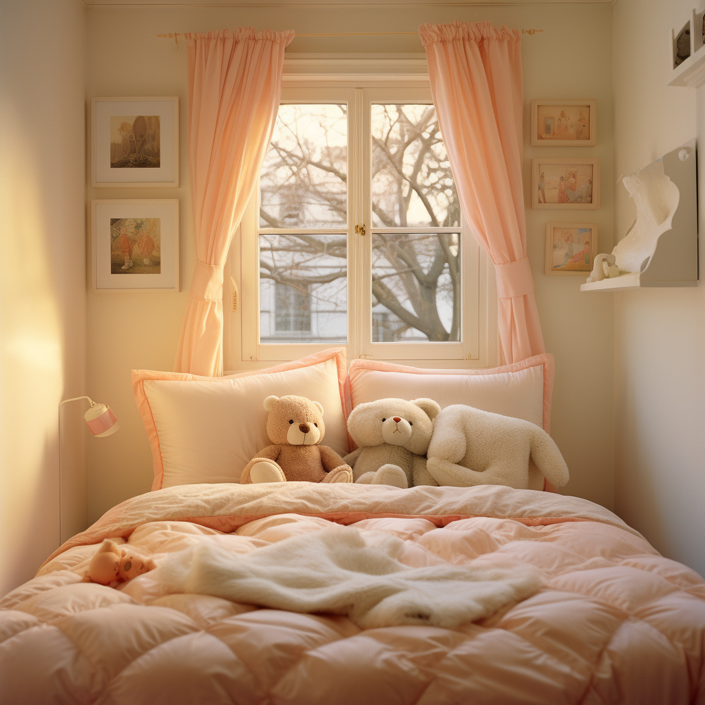 Cozy girl's traditional bedroom with cream bedding