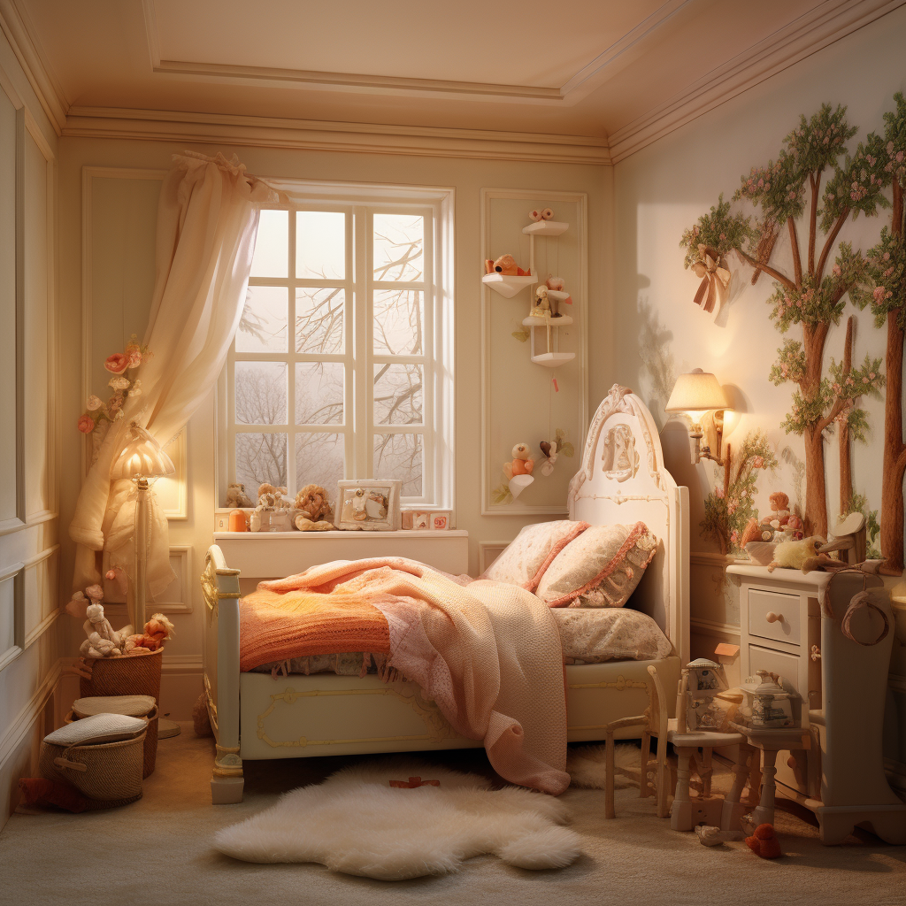 Traditional double bed in a little girl's bedroom