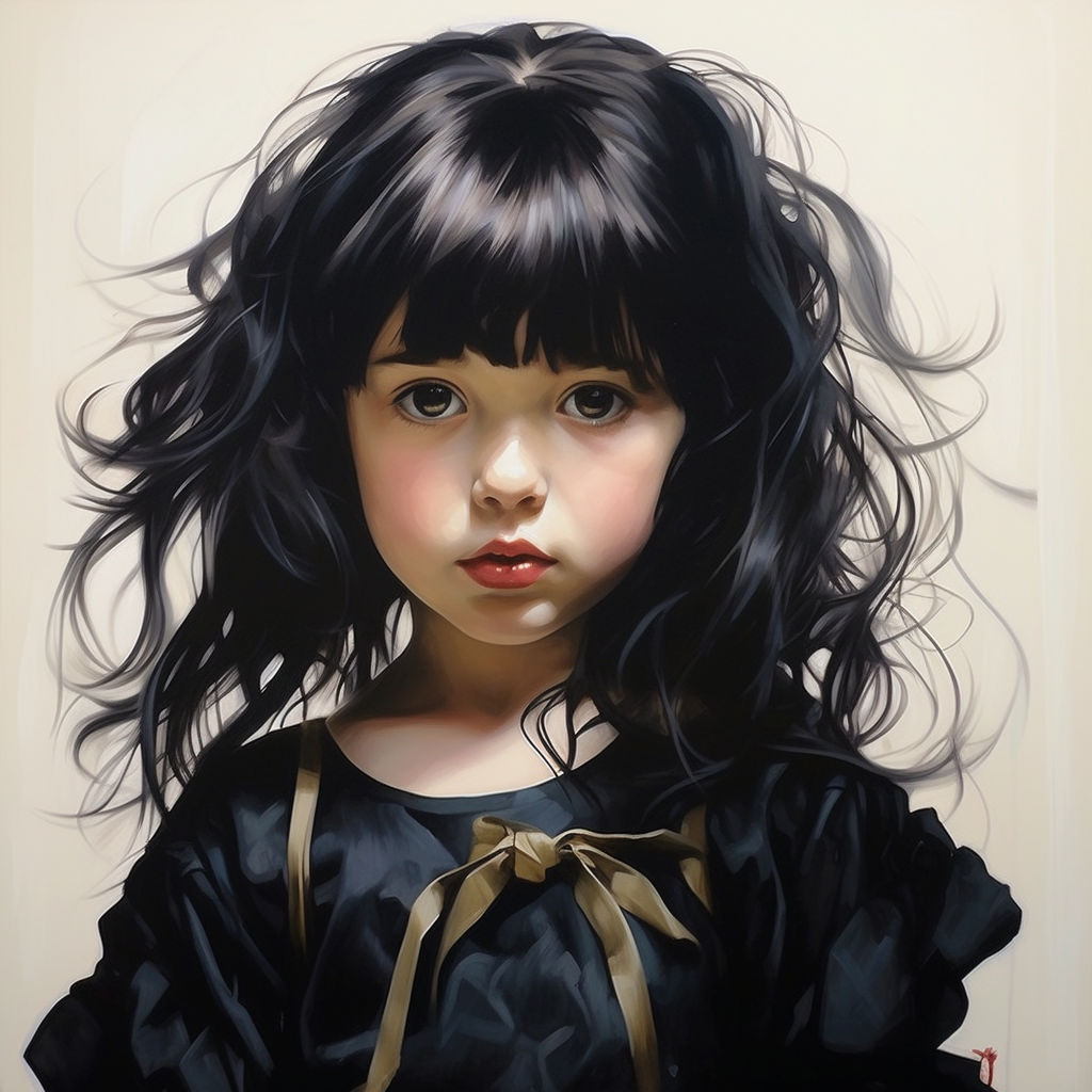 Cute little girl with black hair in a rad dress