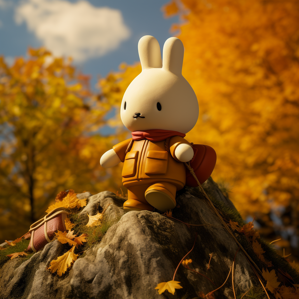 Little girl climbing mountain with Miffy in sunny autumn