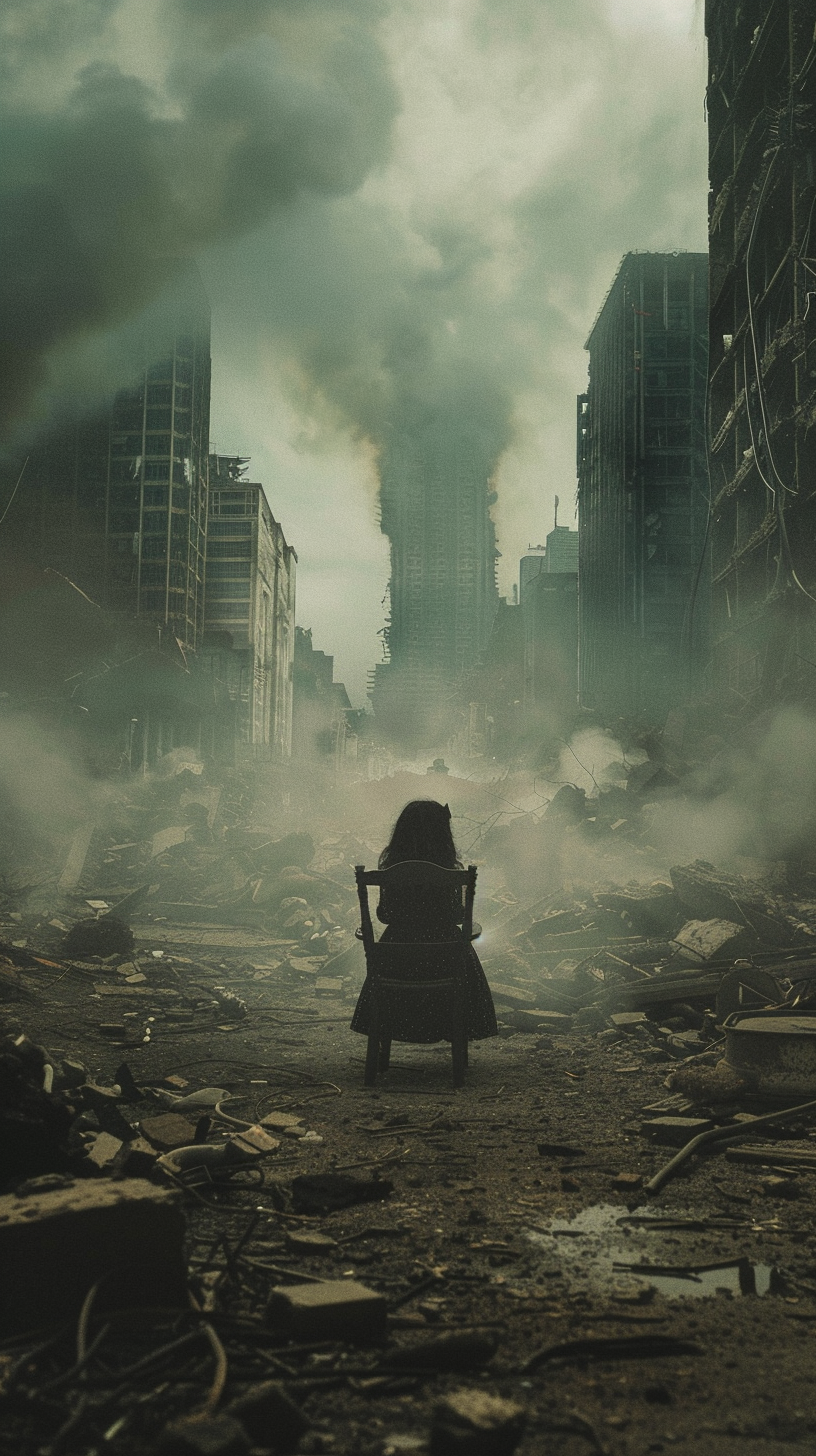 little girl in destroyed city ruins