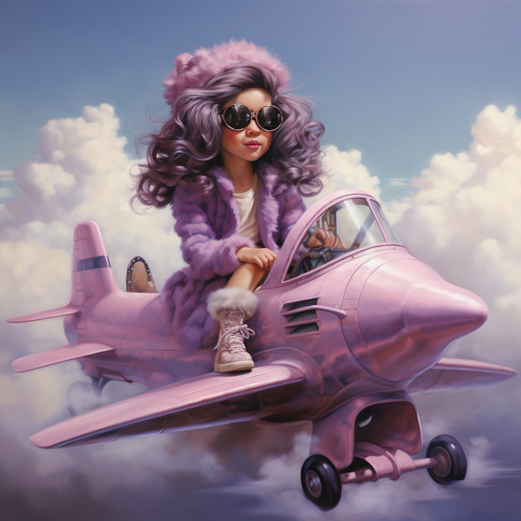 Little girl flying purple plane with green glasses