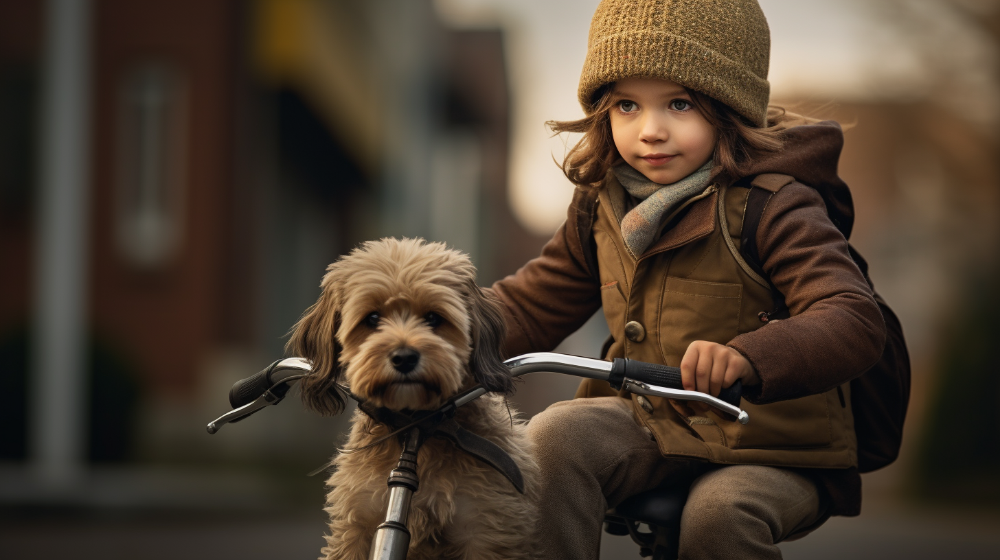 Young girl riding bike with her dog