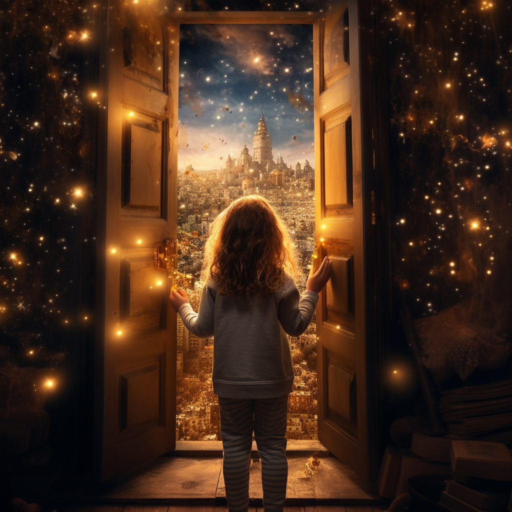 Little girl opening golden door to arctic dream land