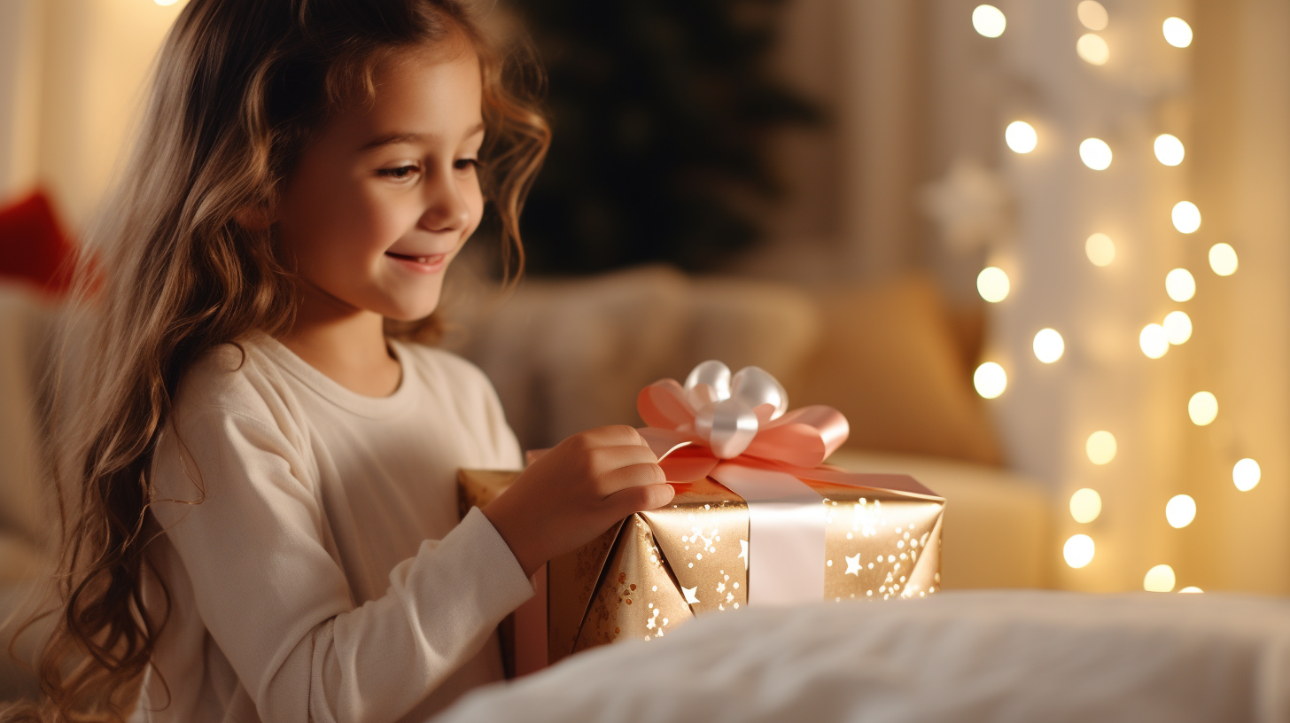 Girl opening gift box in living room