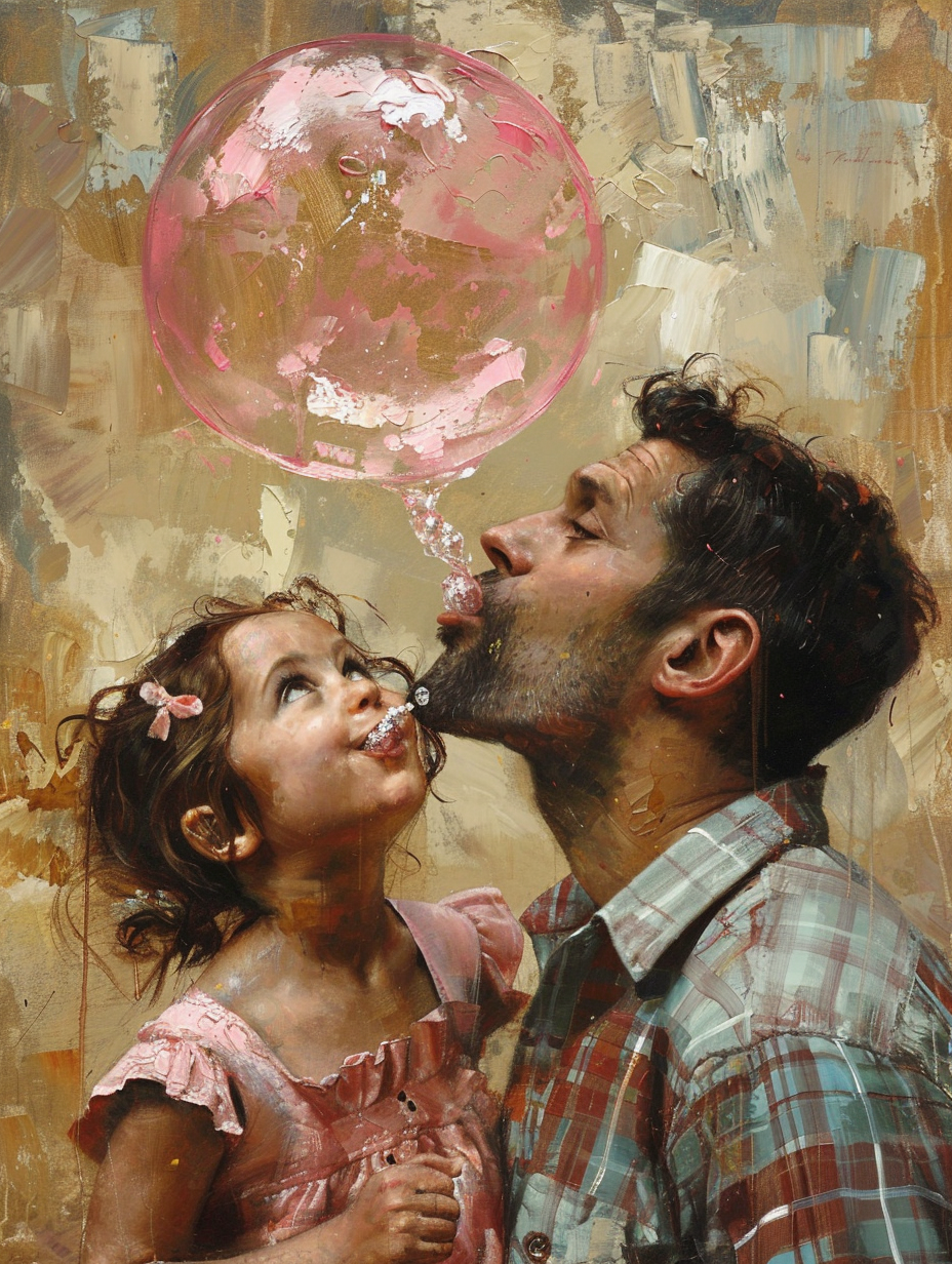 Girl blowing pink bubble dad