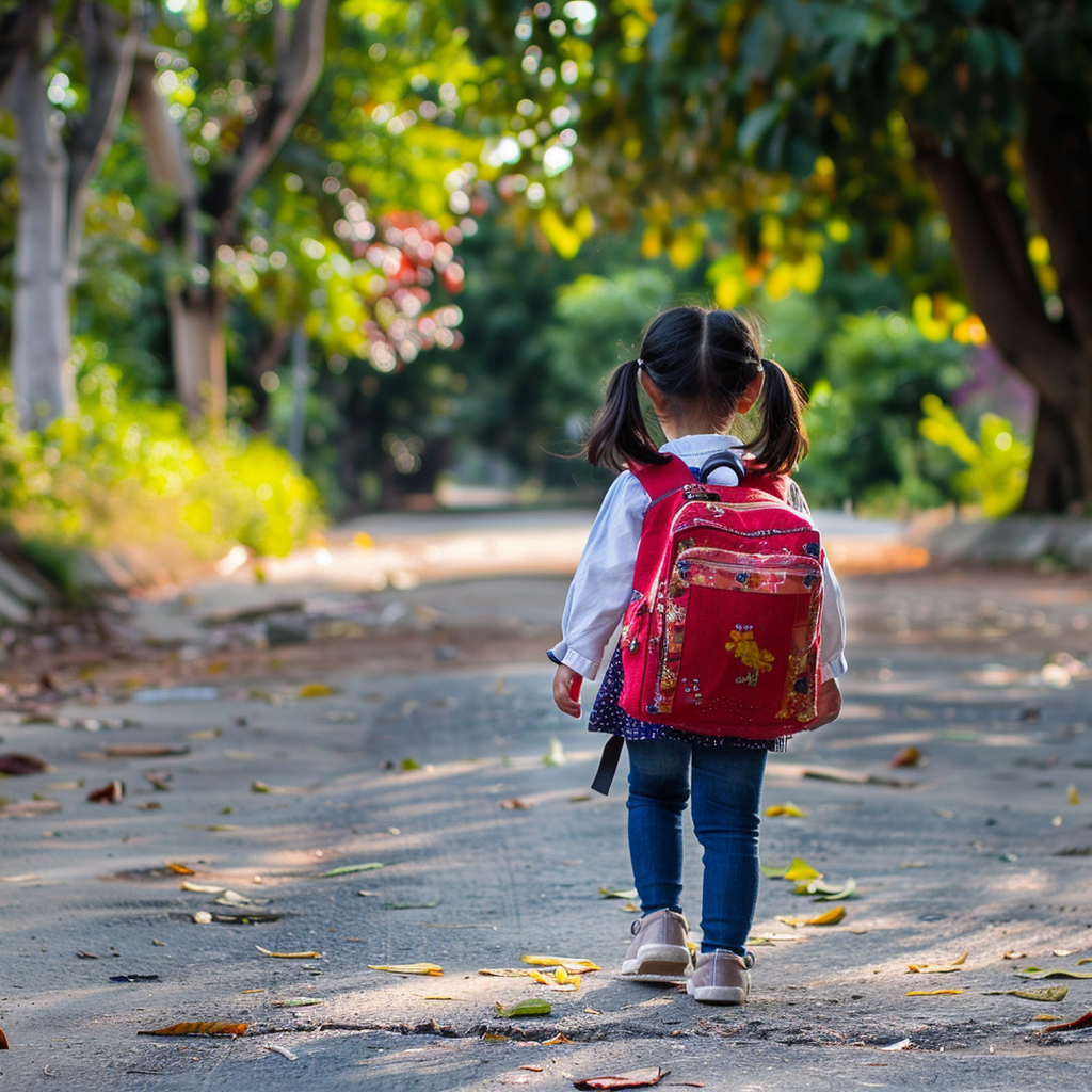 Little girl with red bag walking