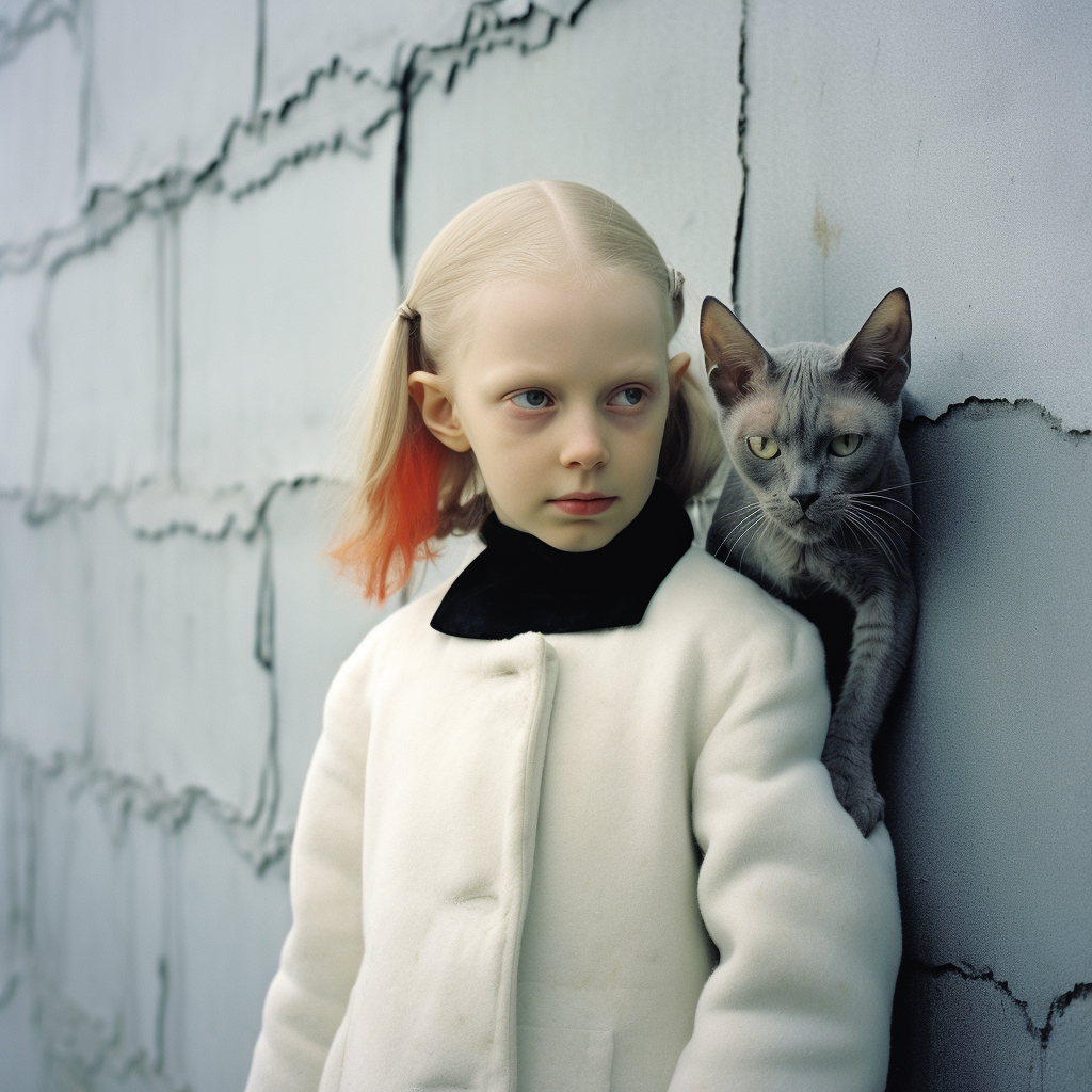 Nordic girl with Sphynx cat on ruined wall