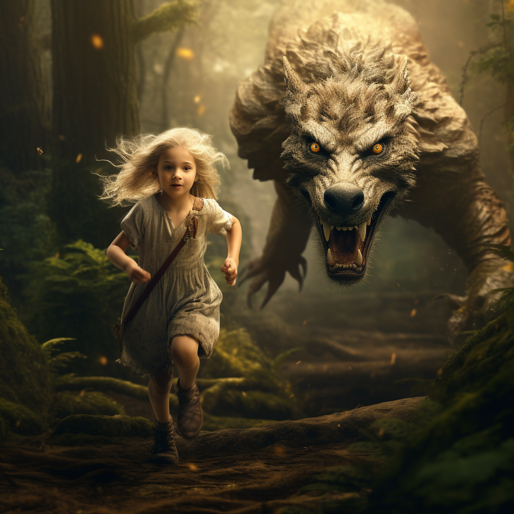 Little girl and wolf running in forest