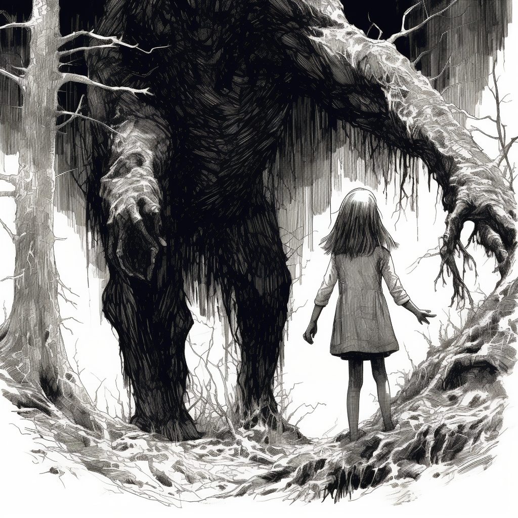 Curious little girl reaching out to a friendly monster