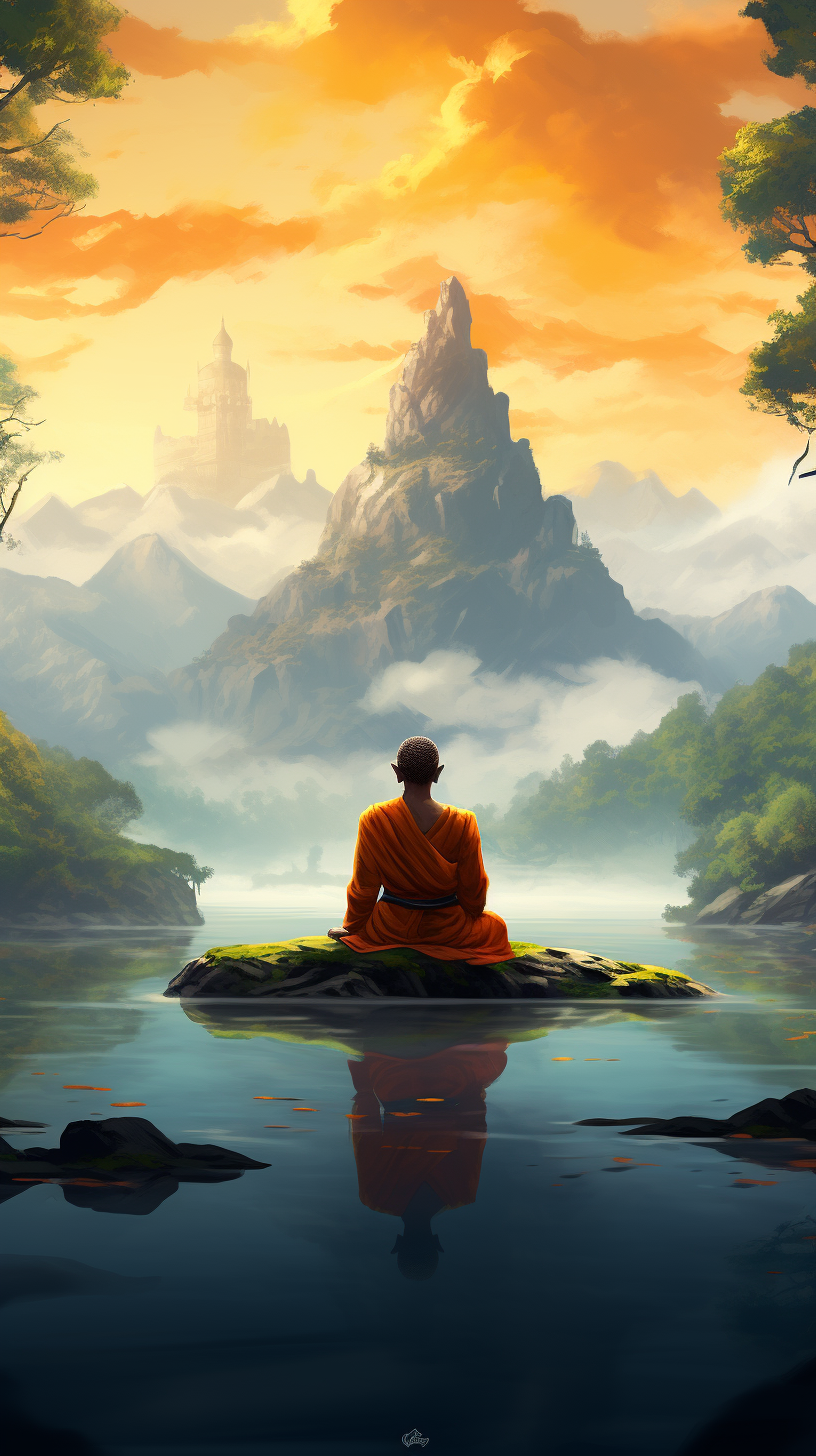 Little monk meditating in serene nature