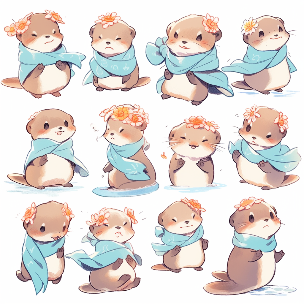 Cute otter mom in blue jacket and headscarf