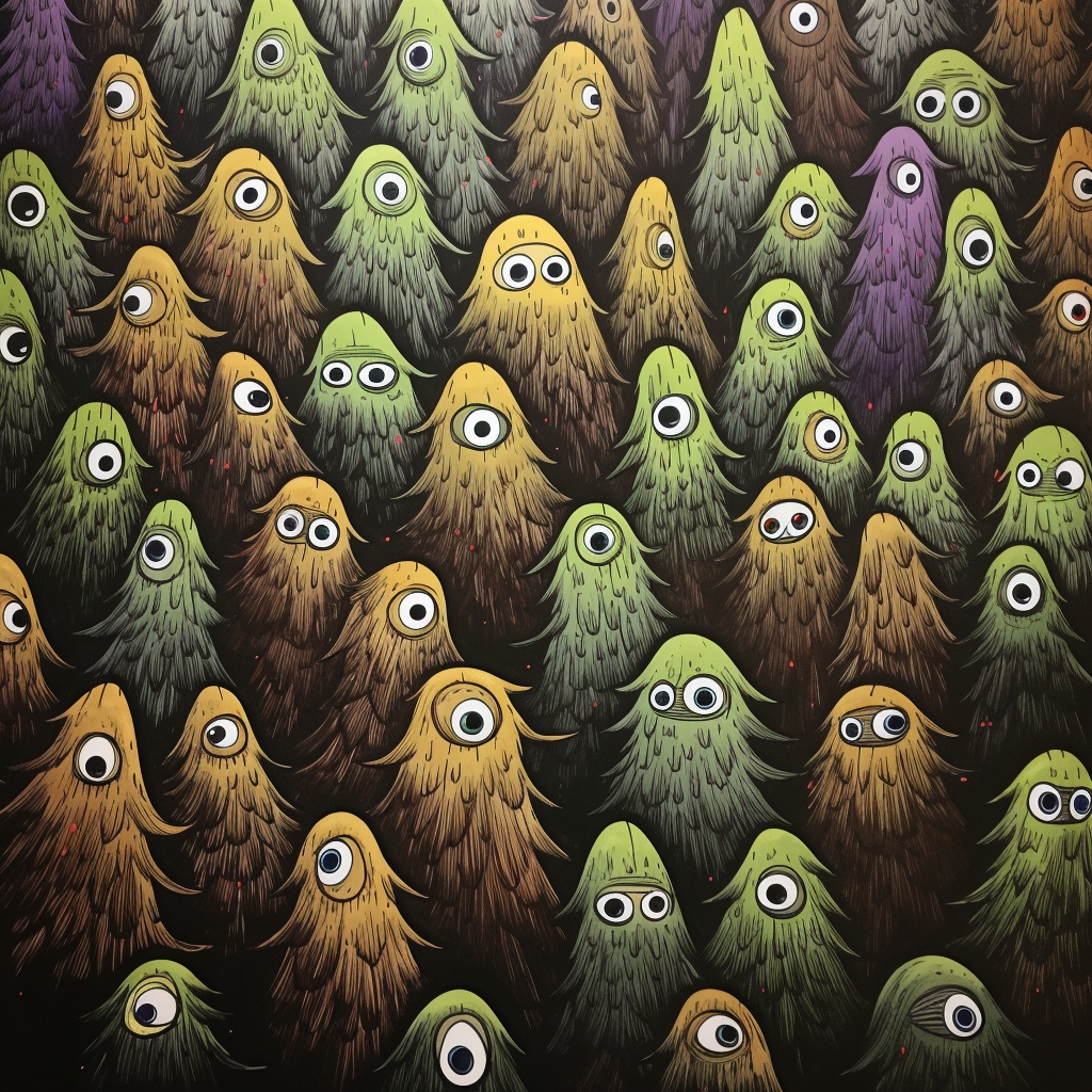 Colorful doodle of little pine trees with eyes