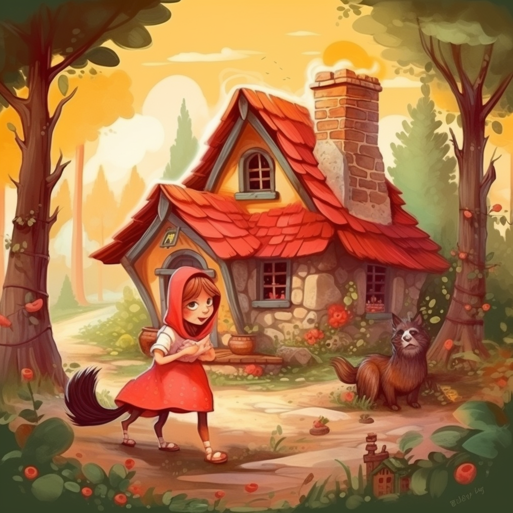 Little red riding hood playing outside cozy cottage