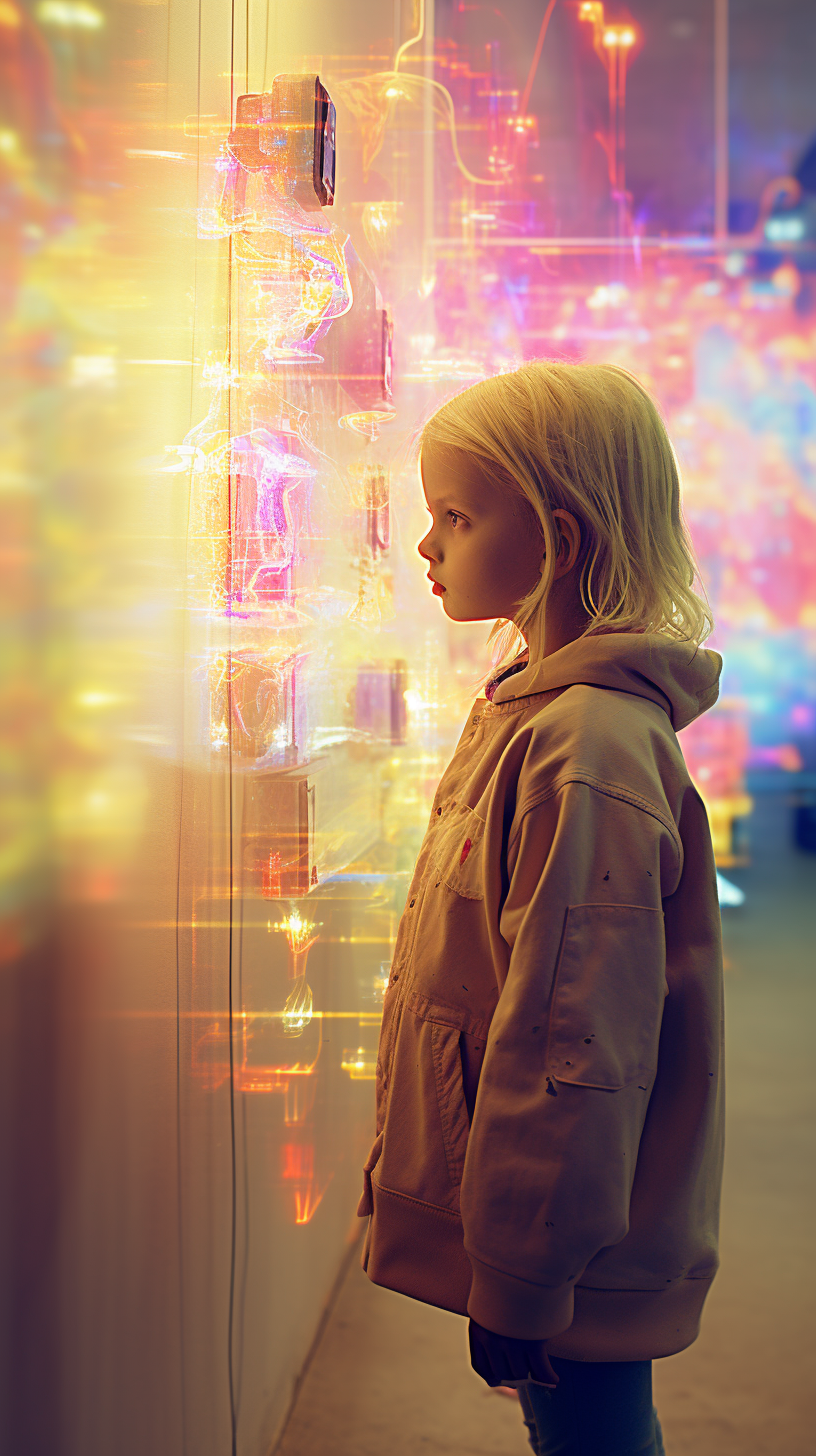 A little girl experiencing joy in front of a glitched mirror