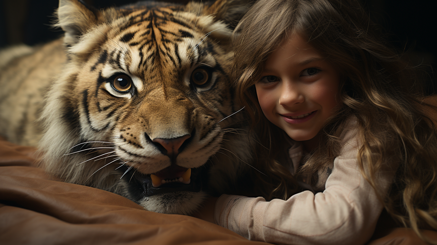 Adventurous little girl playing with a friendly tiger