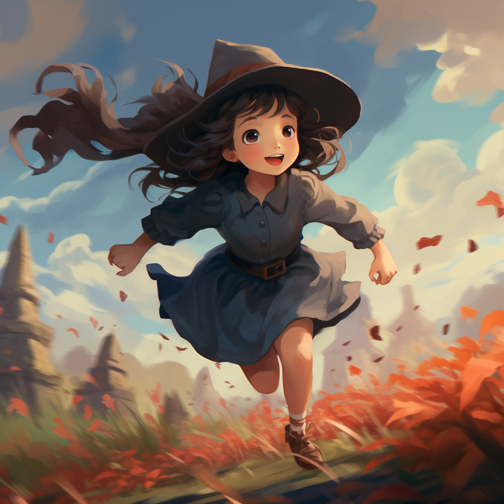 Cute little girl running with a witch hat