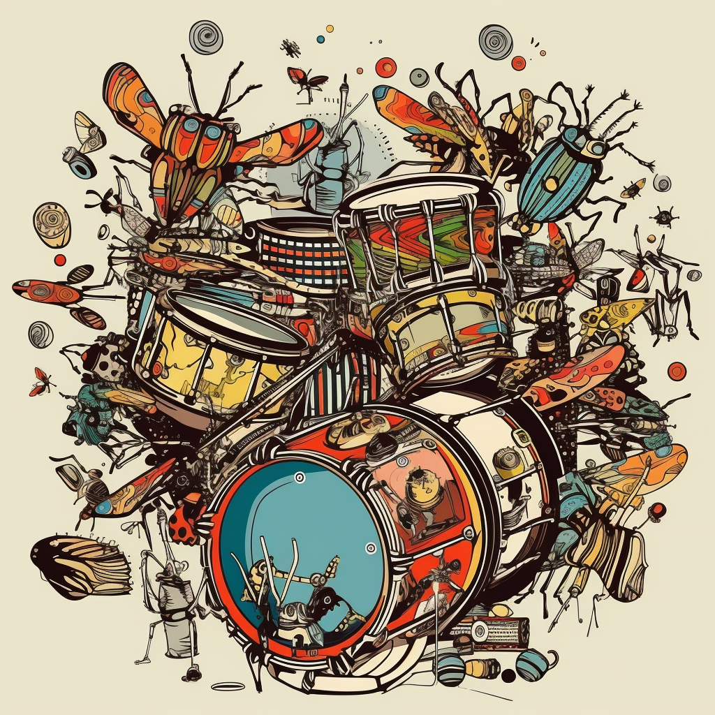 Multicolored living drum kit with patterns and insects