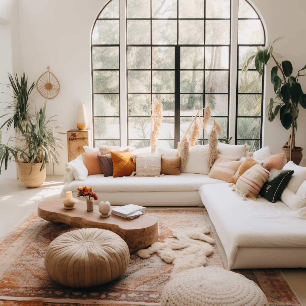 Boho Decor Living Room with Two Couches and Rug