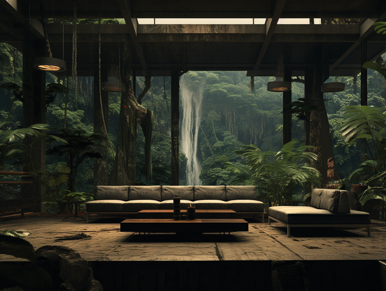 Living room amidst rainforest beauty