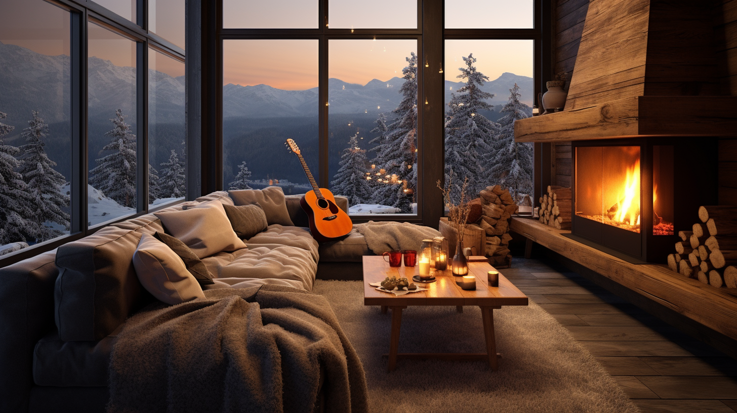 Living room with large snowy window view