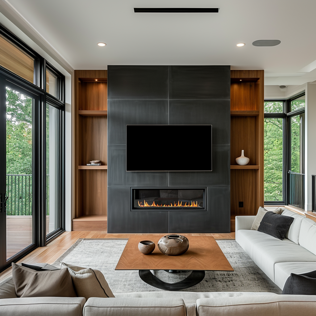 Modern accent wall living room fireplace TV