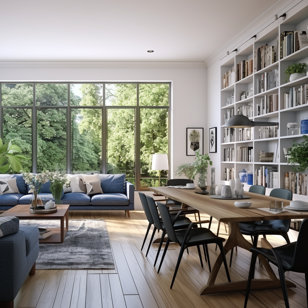 Cozy modern living room with bookshelves, sofa, and dining table