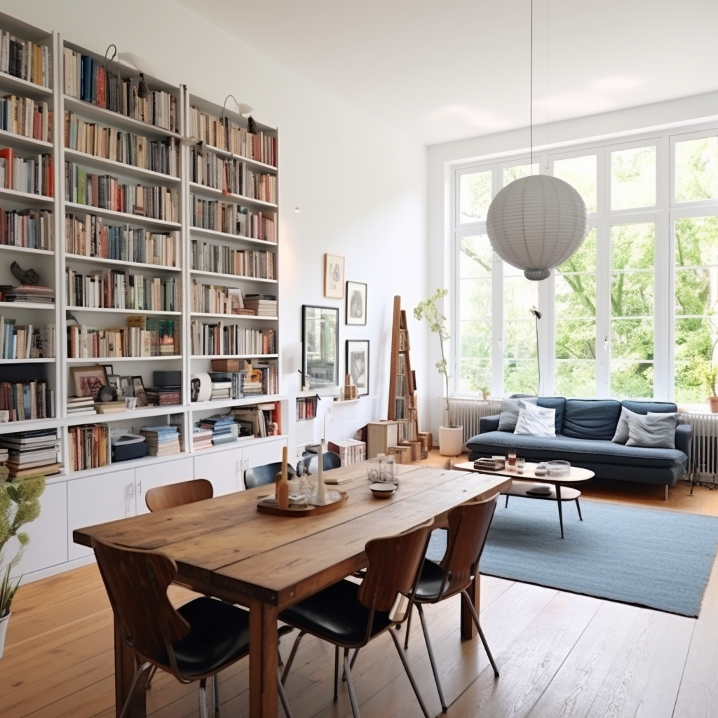 Living room with bookshelves and stylish furniture