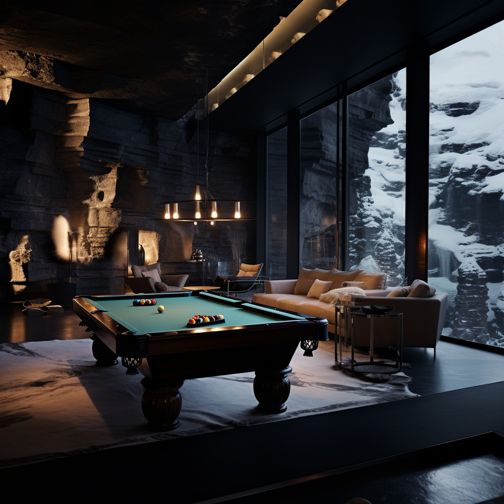 Living room with rock pool table in dark mansion