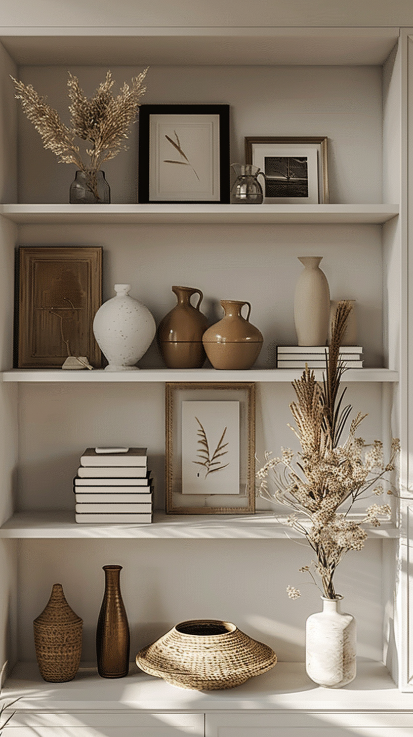 Living room shelf decor arrangement