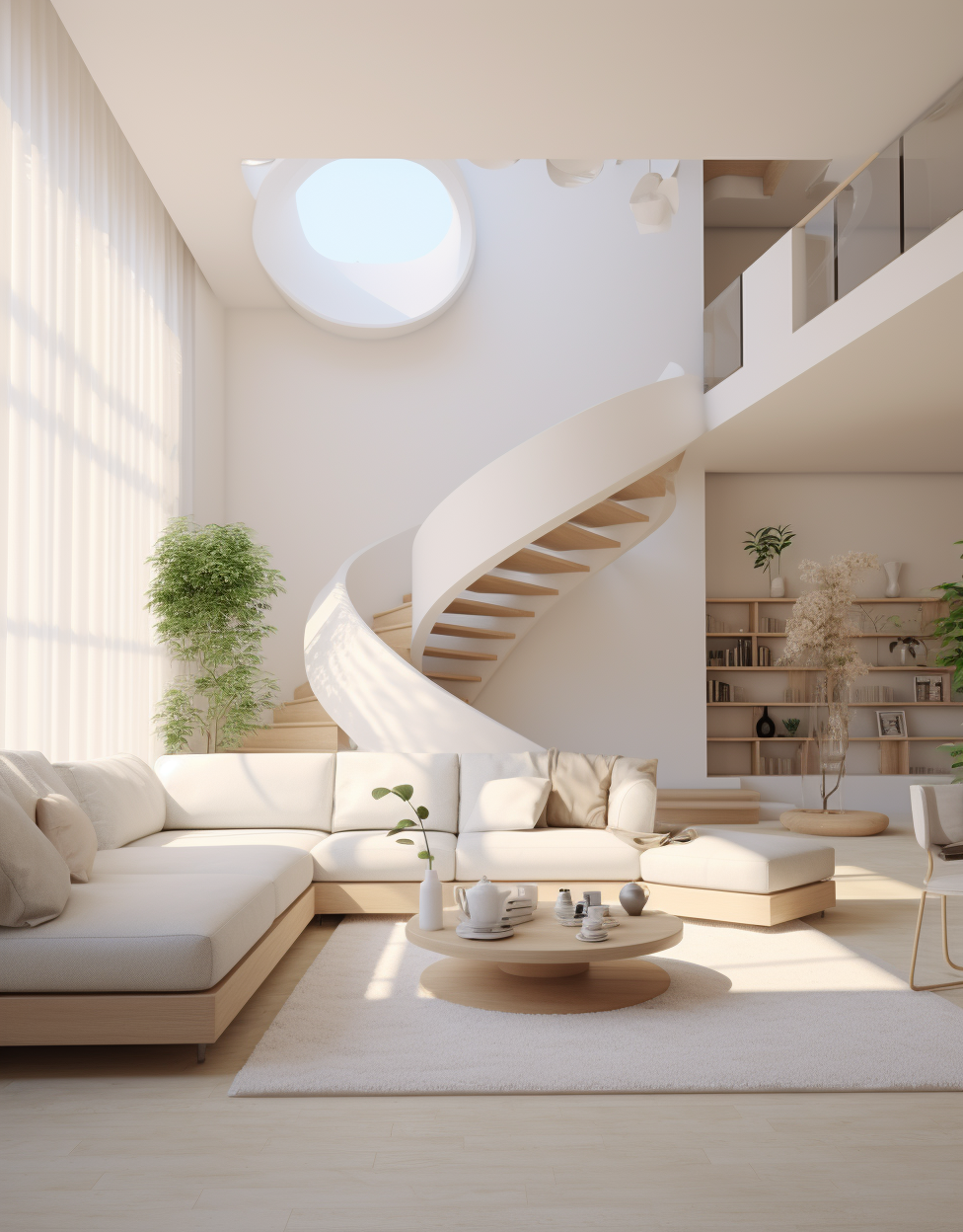 White stairs in tranquil living room