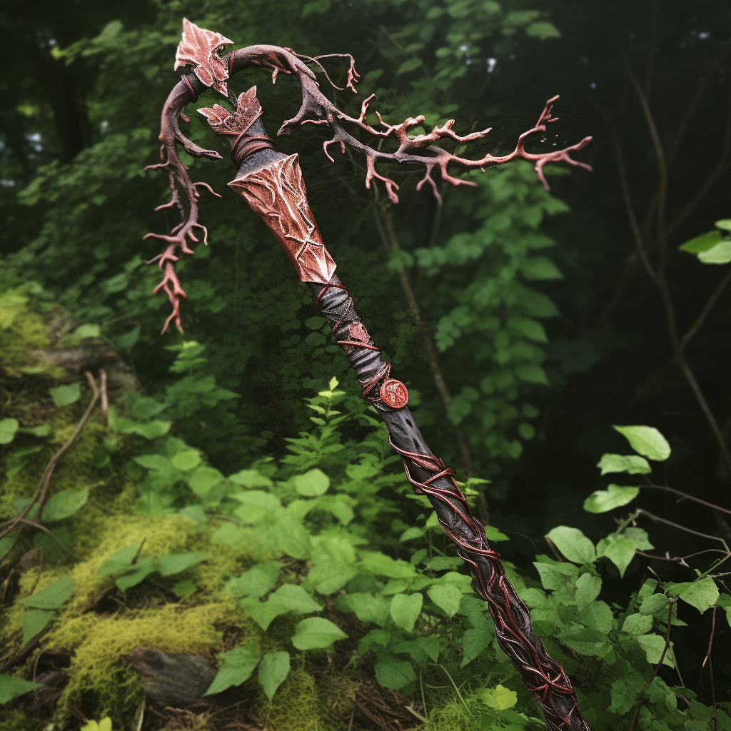 Staff made from living vines with reddish iron sickle blade