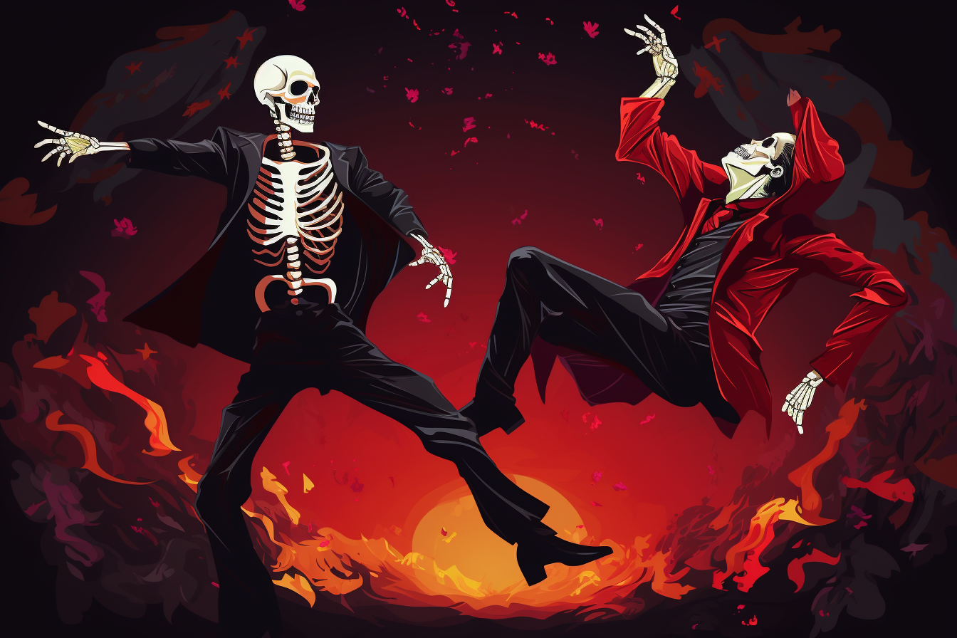 Conceptual illustration of a living man dancing with death