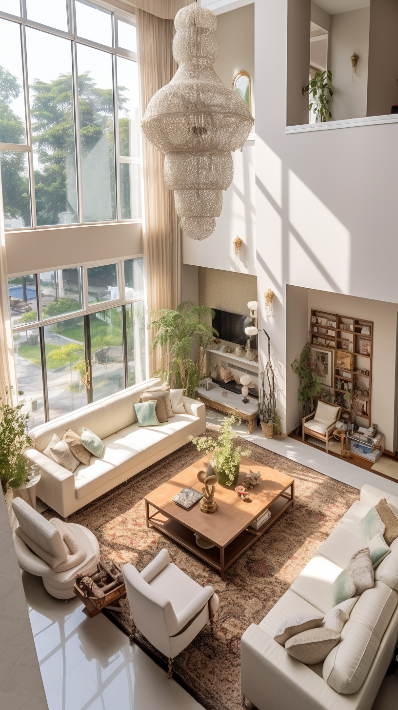 Living room with beige sofa and mezzanine