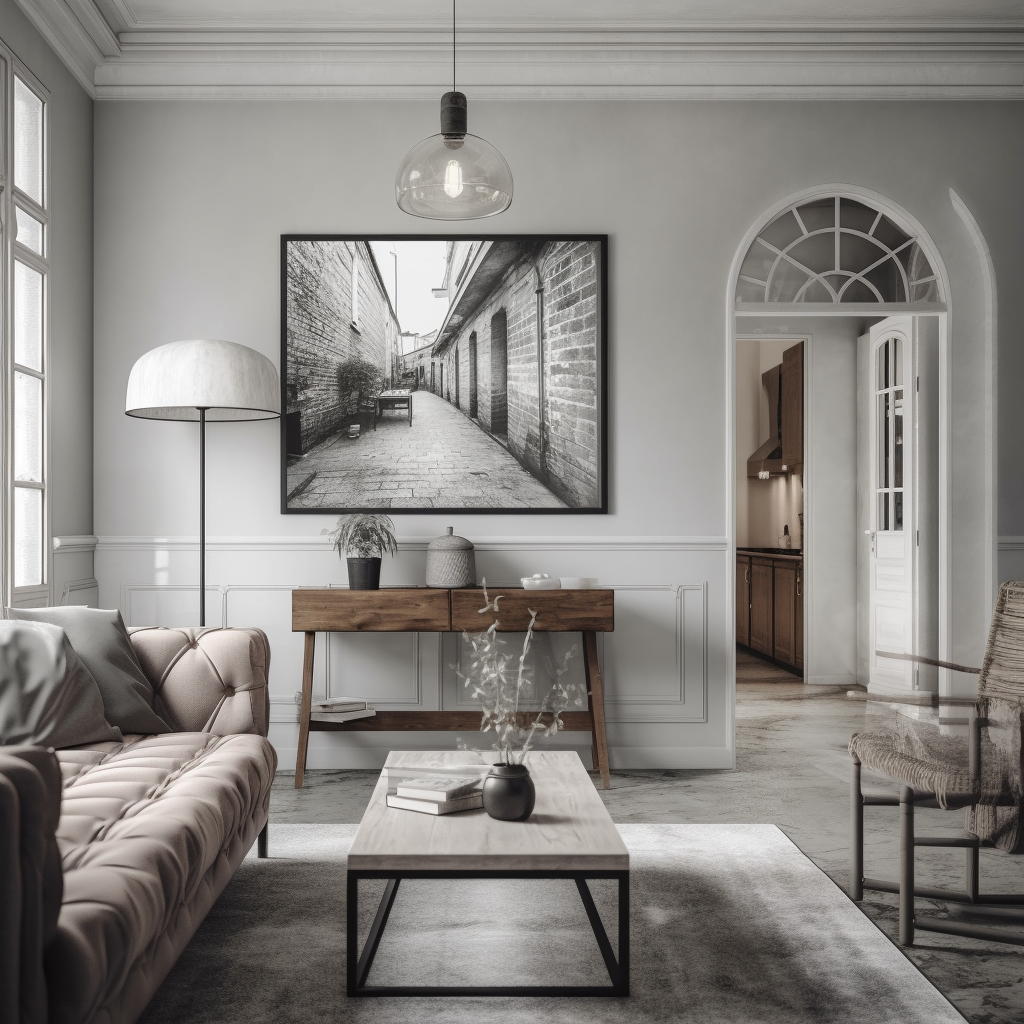 Modern affluent living room with B&W photography print