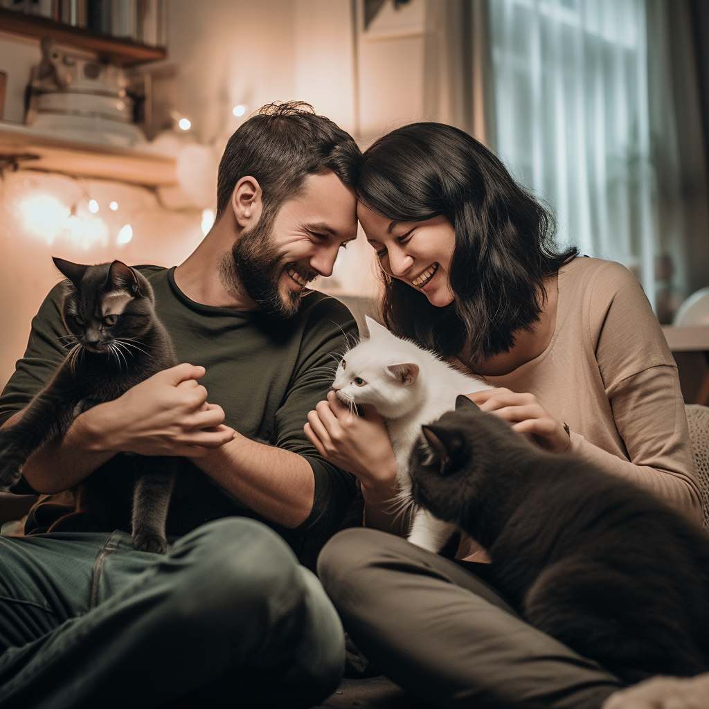 Smiling couple playing with cute British Shorthair cats