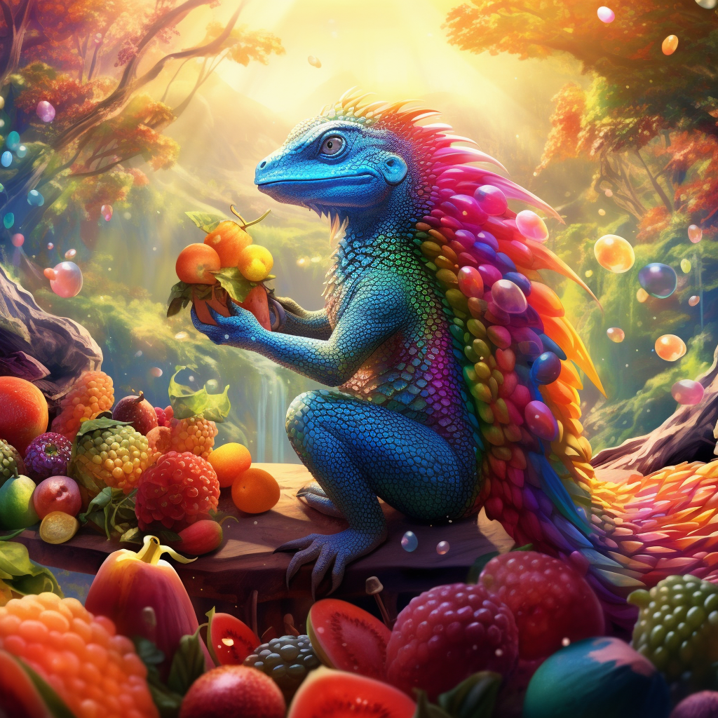 Lizard woman picking fruit in rainbow forest