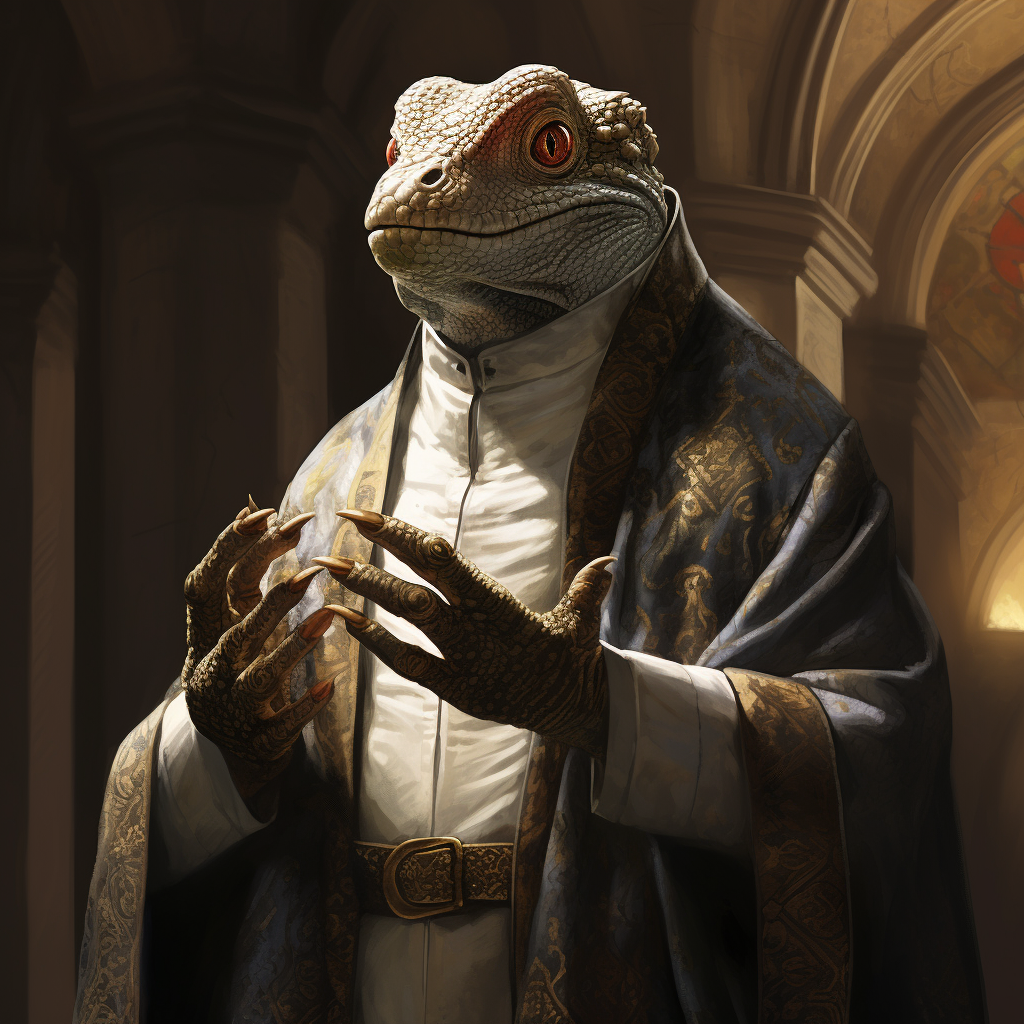 Lizard man dressed as priest