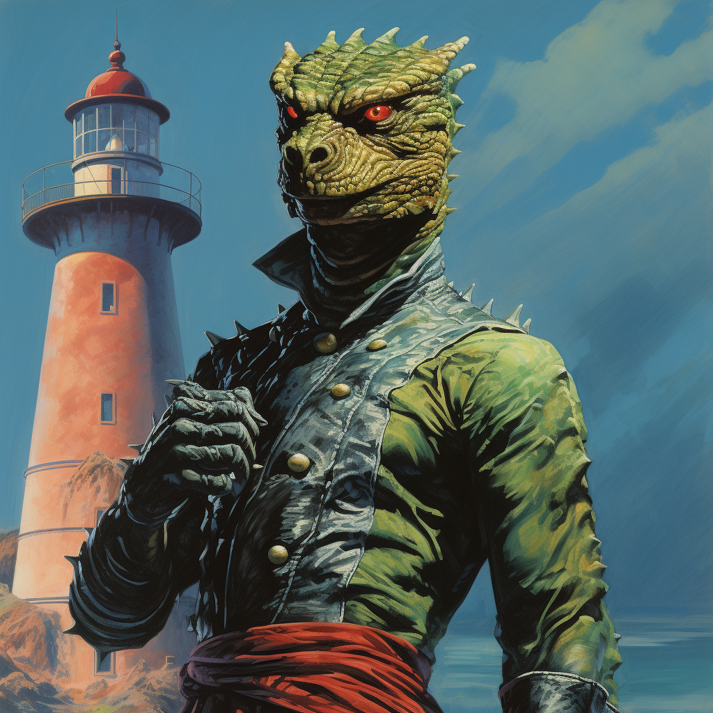 Lizardman in Karate Outfit at Evil Lighthouse