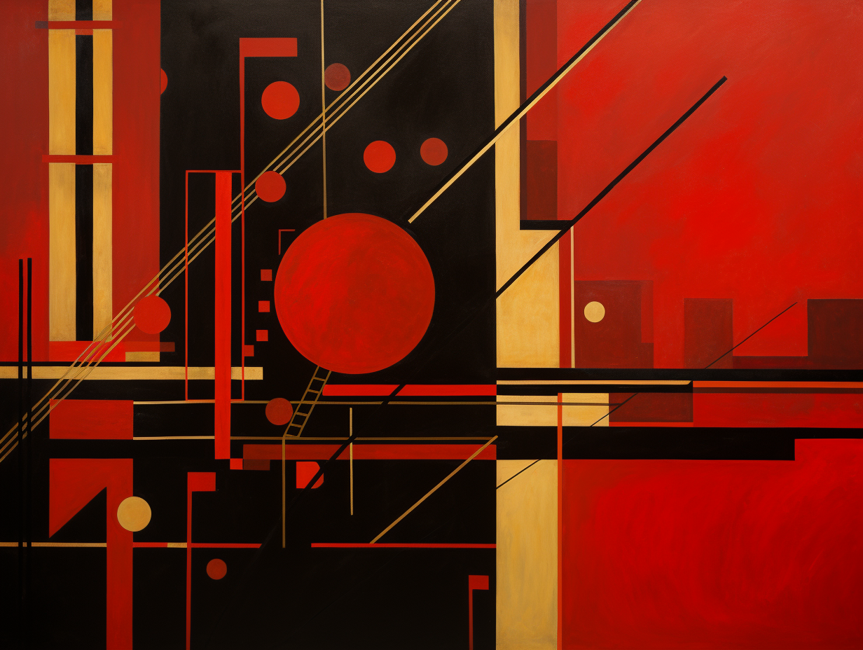 Abstract artwork with intricate details showcasing black, red, and gold accents