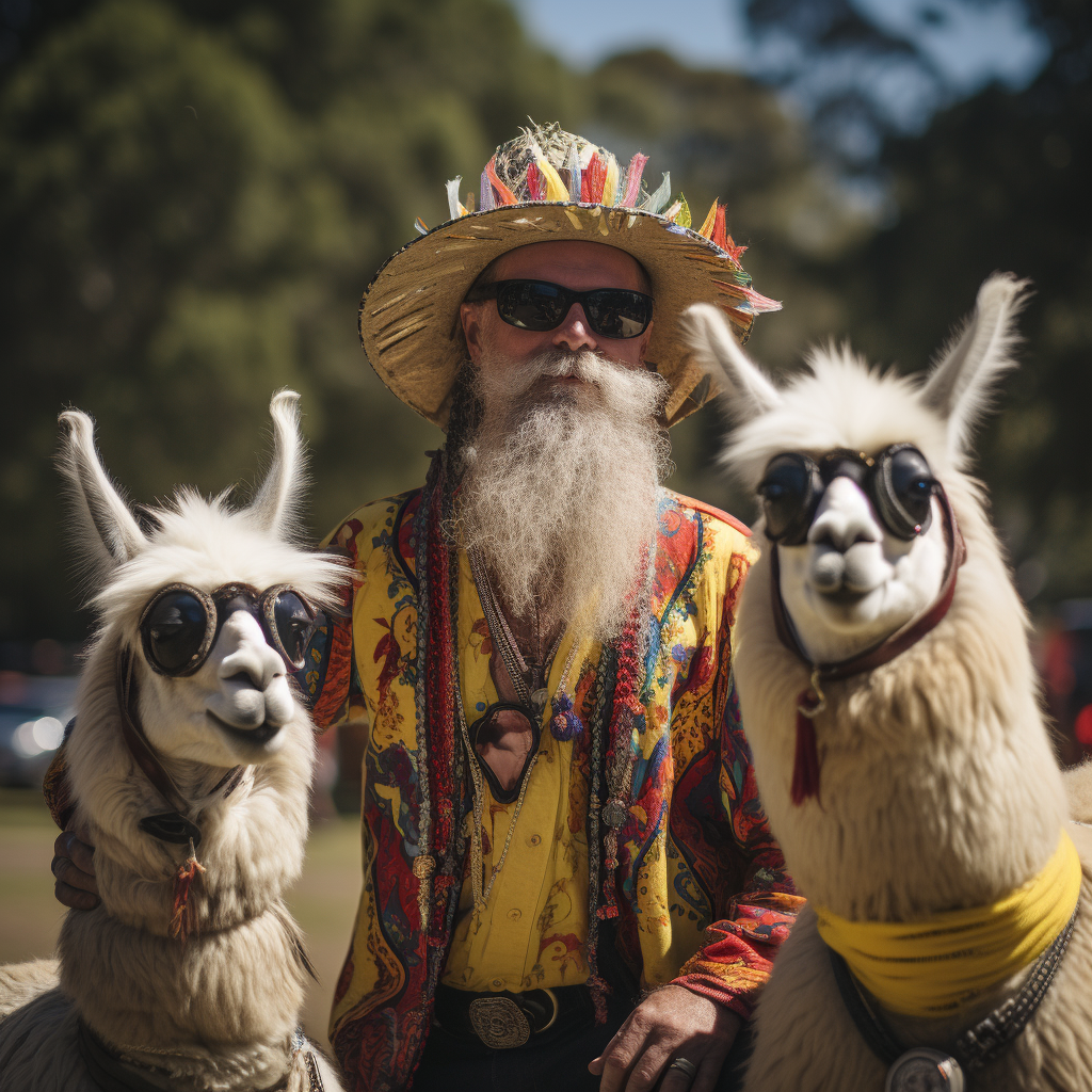 Llama farmer and llamas at festival