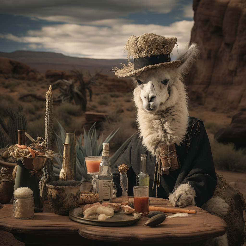 Llama relaxing with whiskey and hat