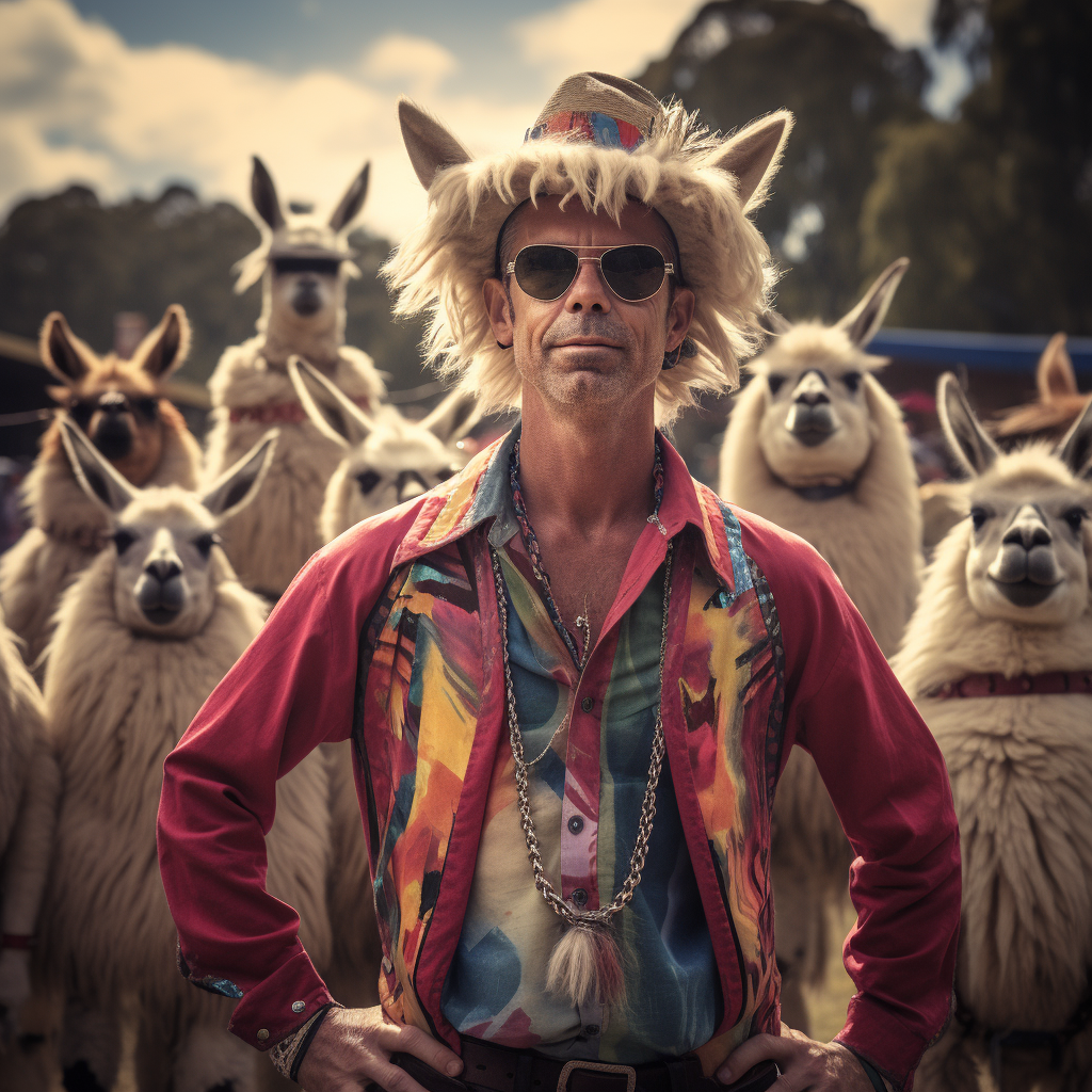 Llama farmer at festival with llamas