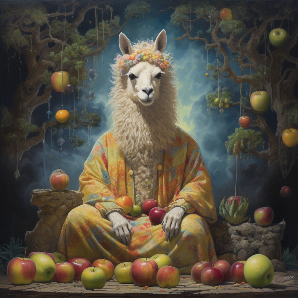 Llama in Isaac Newton costume under apple tree